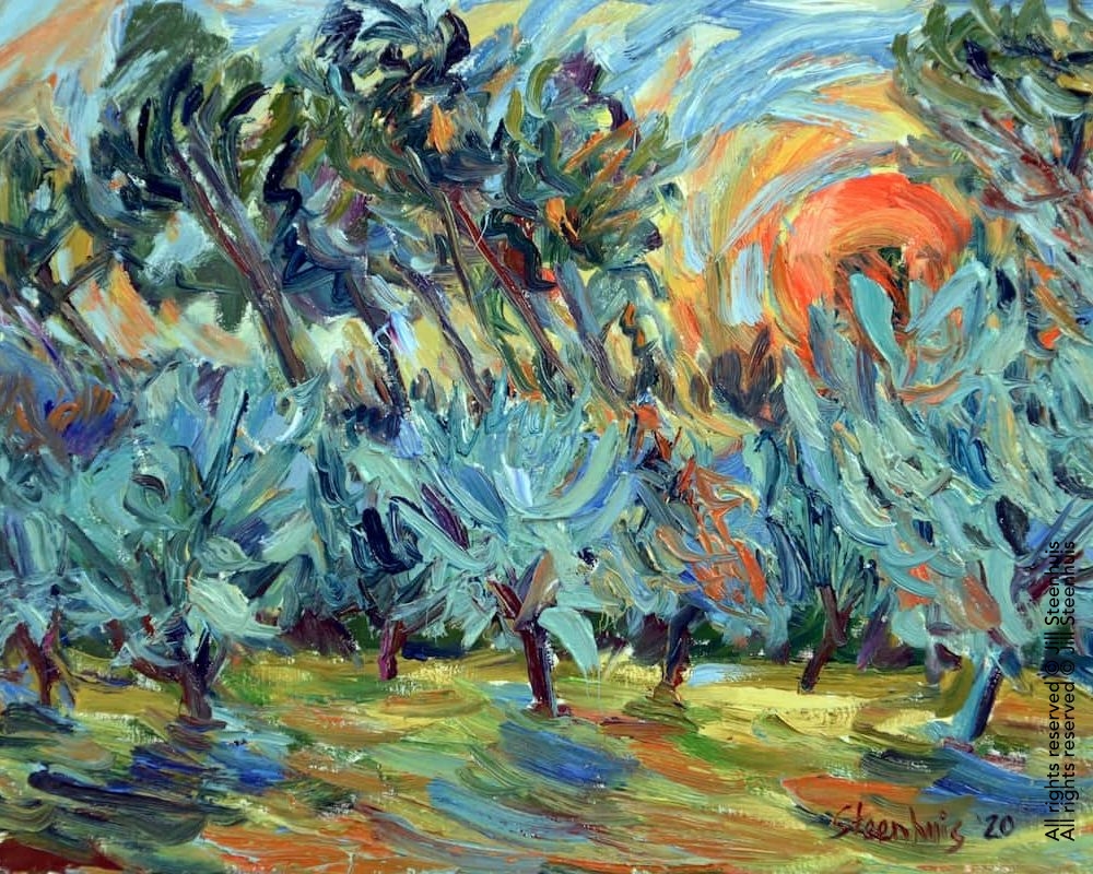 Pines and Olive Trees Dance with Orange Sun; 2020 - 16"x20"