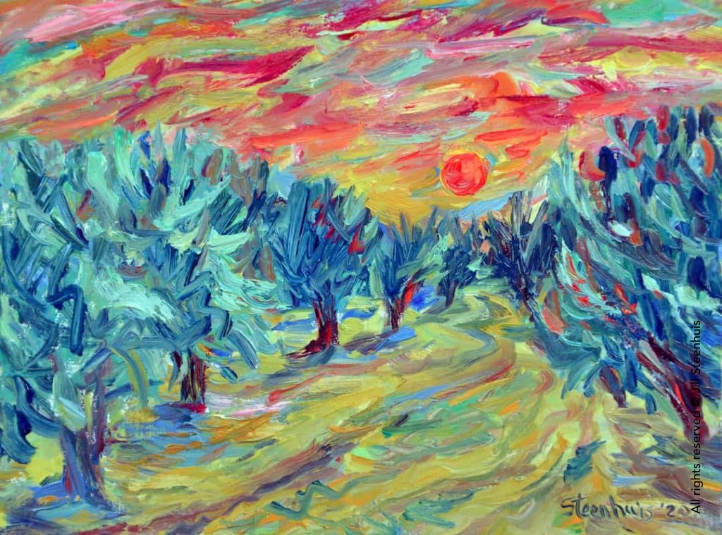 Between the Olive Trees at Sunset; 2020 - 12"x16"