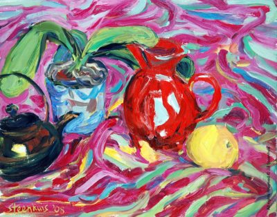 Red Pitcher, Apple, Orchid & Teapot on Stripes