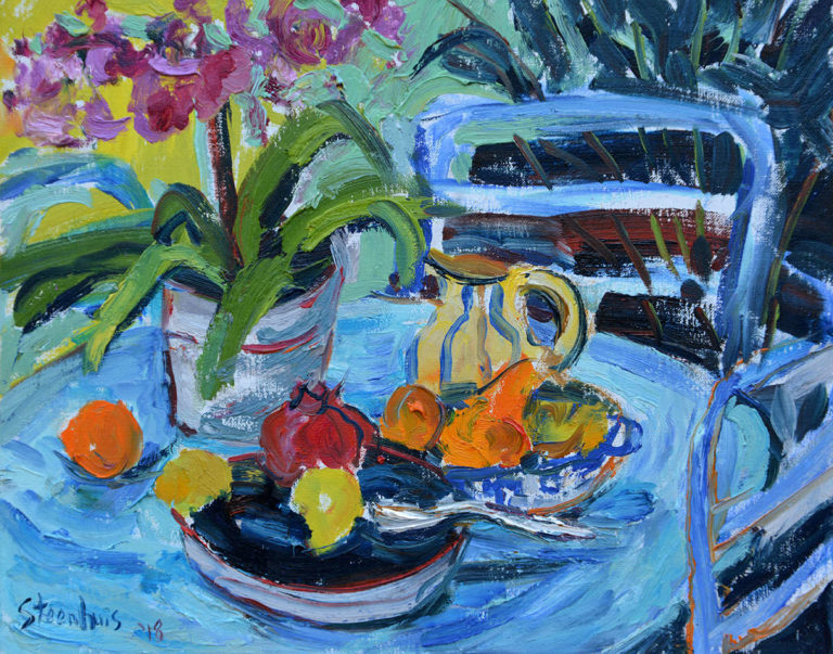 Orchids & Fruit on Blue Table