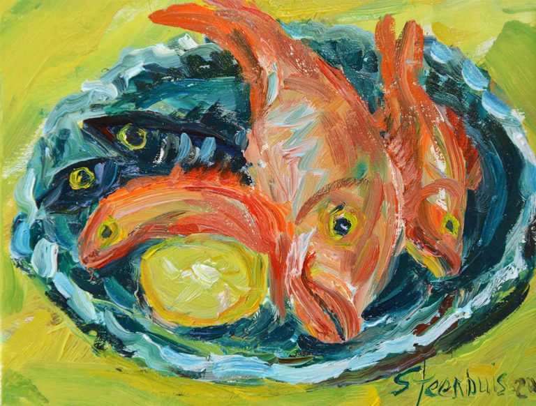Fish in Blue/Green Platter on Yellow